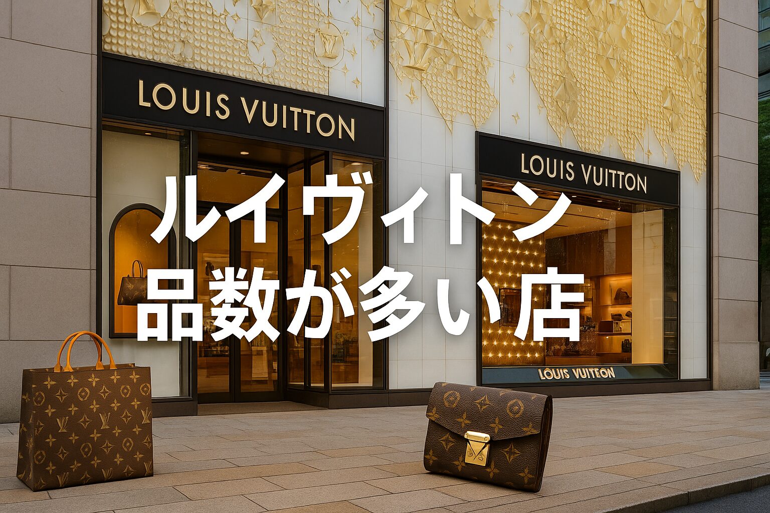 ルイヴィトンの高級感あふれる店舗外観とブランドアイテム（ショッピングバッグと財布）が映された写真。店舗前には「ルイヴィトン 品数が多い店」の文字が大きく表示されている。