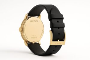 「14.4」や「SWISS MADE」といった刻印があるゴールドの裏蓋を持つGUCCI腕時計。滑らかな黒革バンドとブランドロゴ入りの金バックルが特徴で、白背景に対して斜め後方から撮影されている。