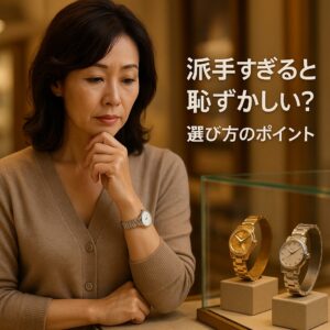 ベージュのブレザーを着た中年の東アジア系女性が、洗練された都会の街並みの中で自信をもってポーズを取り、シルバーの腕時計を着用している。背景はソフトにぼかされており、日本語の見出しテキストが右側に配置されている。
