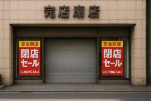 「立川高島屋の閉店後、閉じられたシャッターと『閉店セール』の看板が並ぶ静かな通り」