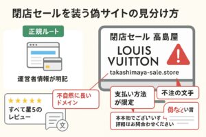 [A] 怪しいレビュー欄の例を追加 [B] 日本語が不自然な例文を吹き出しで表示 [C] 偽サイトに赤い警告マーク追加 [D] 正規ルートとの比較図を左に追加