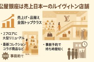 [A] 店内の人気商品アイコンを強調 [B] 混雑回避のヒントを吹き出しで補足 [C] 松屋銀座のロゴを背景に [D] フロアマップ風の構成で紹介
