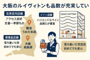 [A] 店舗ごとのおすすめカテゴリ（例：バッグ、メンズ）を補足 [B] 店員の接客満足度アイコンを追加 [C] 御堂筋メゾンと百貨店の違いを比較表に [D] アクセス路線図風にアレンジ