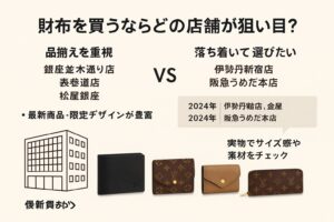 [A] 財布ごとの特徴（サイズ・カード枚数）をアイコンで追加 [B] 最新デザイン例を吹き出しで紹介 [C] 実物確認推奨の理由を補足 [D] 入荷情報の確認方法もワンポイントで記載