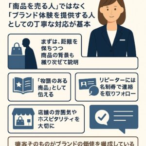 [A] お客様側の視点での吹き出しを追加 [B] 名刺・LINE交換の注意点も補足 [C] 新人教育プロセスも小コーナーで可視化 [D] 接客と空間演出のバランスを強調

