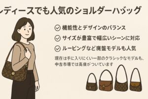 [A] 使用シーン（通勤、旅行など）の補足 [B] モデルごとの形状違いを明示 [C] 中古市場での価格変動アイコン追加 [D] ブランドライン別（ダミエ・エピ等）を図示

