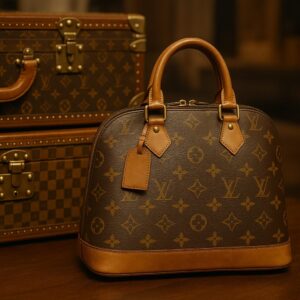 代替テキスト: ルイ・ヴィトンのモノグラムハンドバッグがクラシックなLVトランクとともに並び、温かみのある照明に包まれながら、高級感と伝統を感じさせる雰囲気が演出されている。