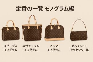 代替テキスト:ルイヴィトンの人気モノグラムバッグ(スピーディ、ネヴァーフル、アルマ、ポシェット・アクセソワール)がベージュ背景に並び、各モデル名が日本語で明記された一覧画像。