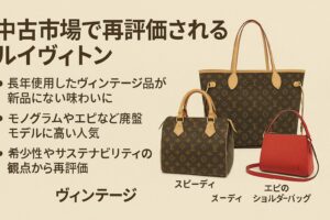 代替テキスト:中古市場で再評価されるルイヴィトンについて、スピーディ、ネヴァーフル、エピのショルダーバッグの3モデルが並び、ヴィンテージや廃盤モデルの魅力と価値を日本語テキストで説明した画像。