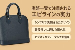 代替テキスト:ルイヴィトンのエピラインバッグがベージュ背景に配置され、「廃盤一覧で注目されるエピラインの実力」として3つの特徴(シンプルで洗練されたデザイン、普段使いに適した耐久性、ビジネスやフォーマルでも活躍)が日本語で記載された画像。