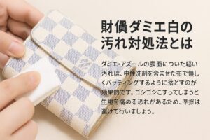 代替テキスト:ダミエ・アズールの白いルイヴィトン財布を布で優しく拭き取る様子。横に「財布ダミエ白の汚れ対処法とは」と書かれ、中性洗剤と布によるケアの説明が日本語で添えられている。