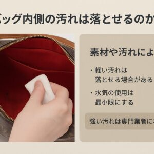 代替テキスト:ルイヴィトンのバッグ内側(赤いスエード調素材)を白い布で優しく拭いている手元の写真とともに、「バッグ内側の汚れは落とせるのか」という日本語タイトルが表示されている。右側には「素材や汚れによる」「軽い汚れは落とせる場合がある」「水気の使用は最小限にする」「強い汚れは専門業者に相談」といった注意点が箇条書きで説明されている。