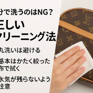 代替テキスト:ルイ・ヴィトンのモノグラムバッグを白い布で拭いている手元と、「自分で洗うのはNG?正しいクリーニング法」というタイトル。左側に「丸洗いは避ける」「基本はかたく絞った布で拭く」「水気が残らないよう注意」のポイントが記載されている。