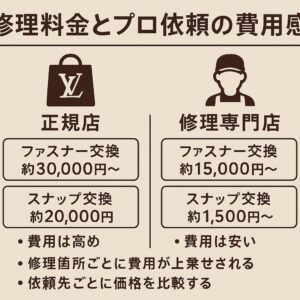 代替テキスト: 「修理料金とプロ依頼の費用感」を示す図。左側にルイ・ヴィトンの正規店、右側に修理専門店のアイコンがあり、それぞれのファスナー交換とスナップ交換の費用比較(正規店:約30,000円〜/20,000円、修理専門店:約15,000円〜/1,500円〜)と特徴が箇条書きで記載されている。