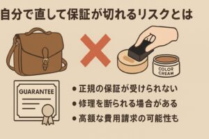代替テキスト: 「自分で修理して保証が切れるリスク」を解説する図。左に革バッグと保証書、右にカラークリームと手のイラスト、中央に赤いバツ印。下部には「正規の保証が受けられない」「修理を断られる場合がある」「高額な費用請求の可能性も」との注意書き。
